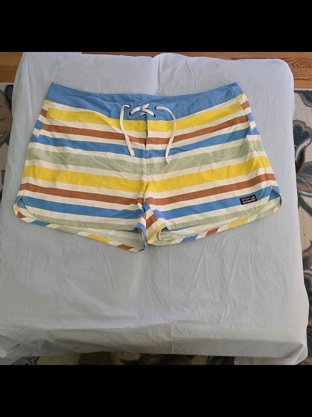 Patagonia Women's Striped Swim Shorts in Blue, Yellow, Brown, Green, Cream